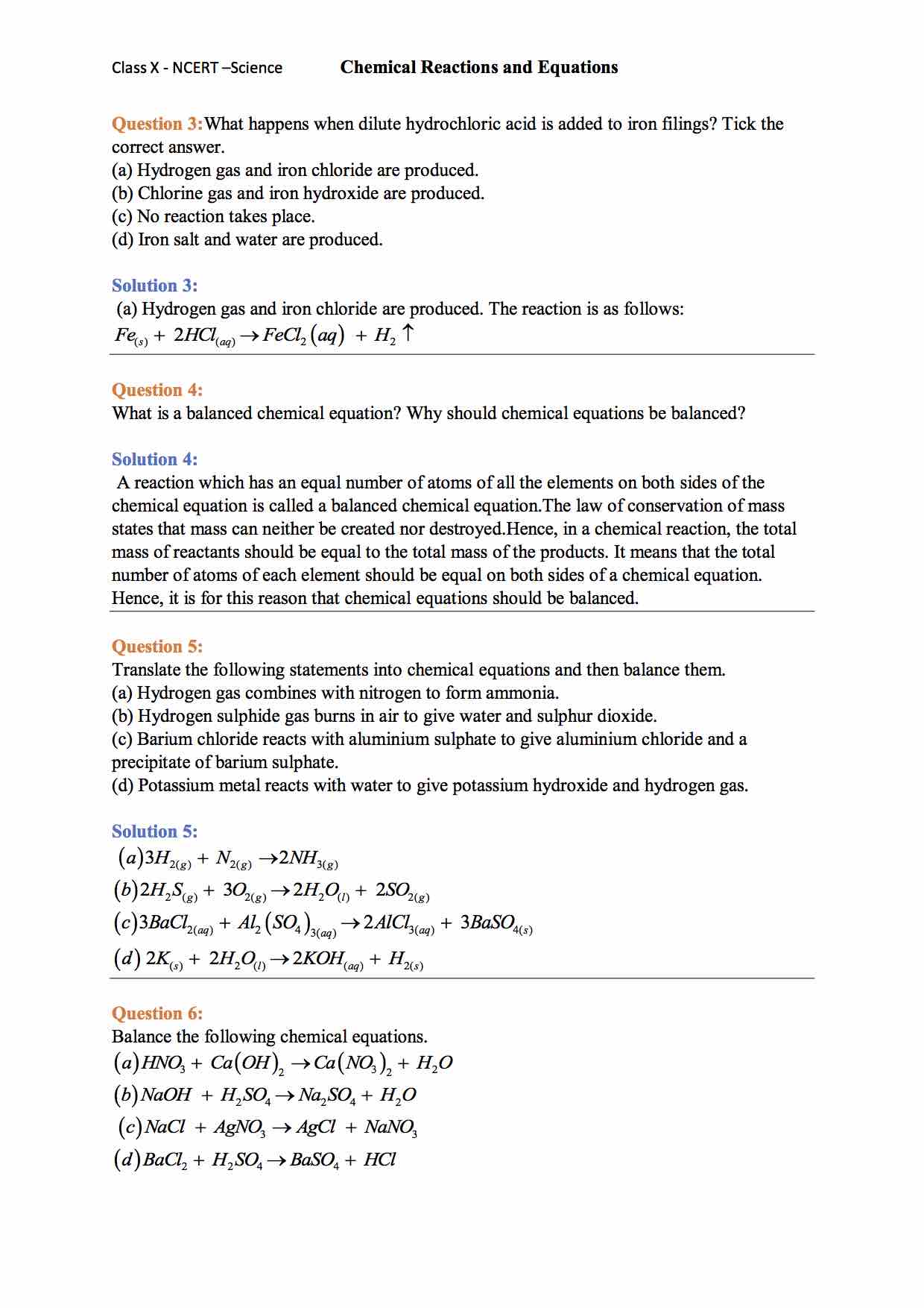 Ncert Solution For 10 Class Science Chapter 1 Chemical Reactions and