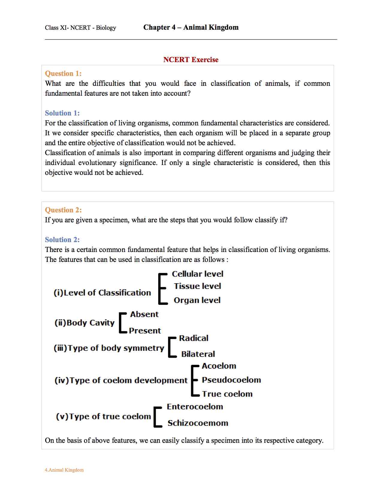 Ncert Solution for 11 Class Biology Chapter 4 - Animal Kingdom