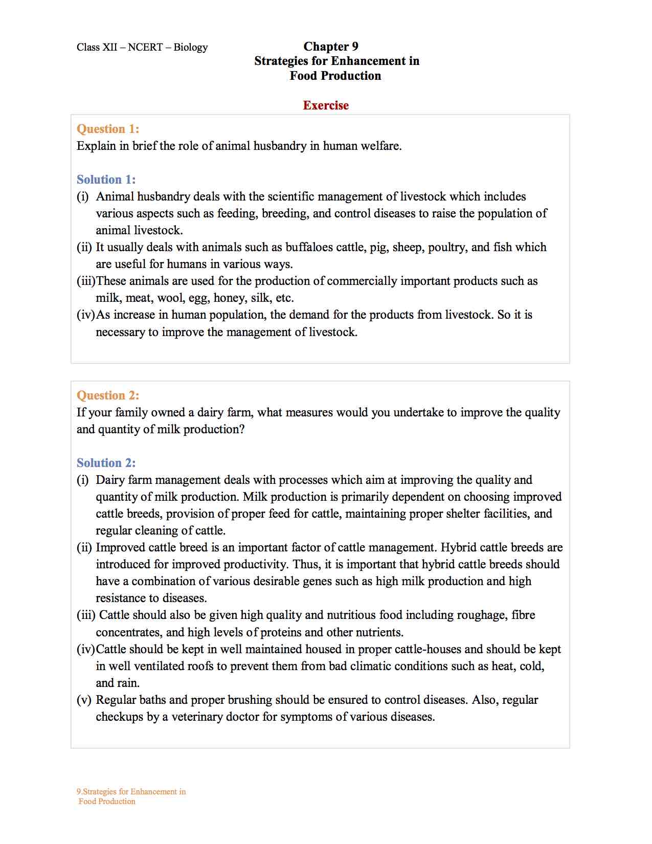 Ncert Solution For Class 12 Biology Chapter 9 - Strategies for Enhancement  in Food Production