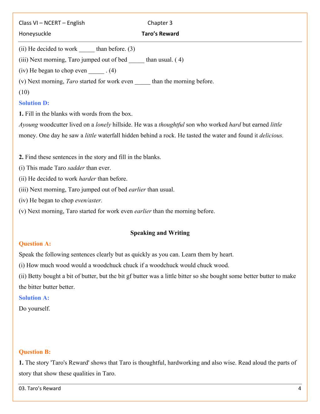 NCERT Solutions For Class 6 English Honeysuckle Chapter 3