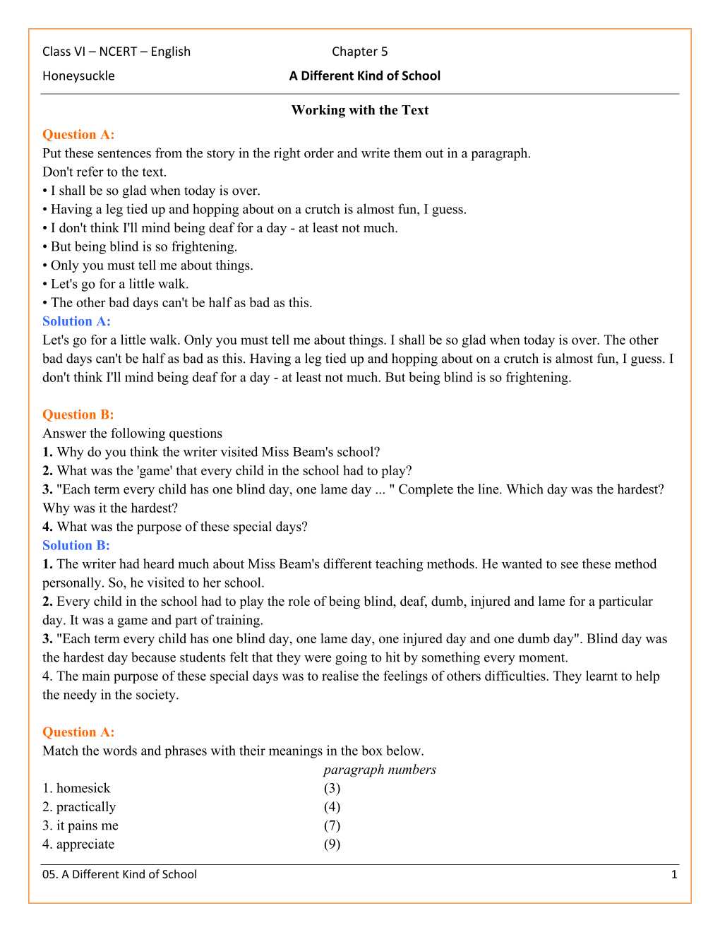 NCERT Solutions For Class 6 English Honeysuckle Chapter 5