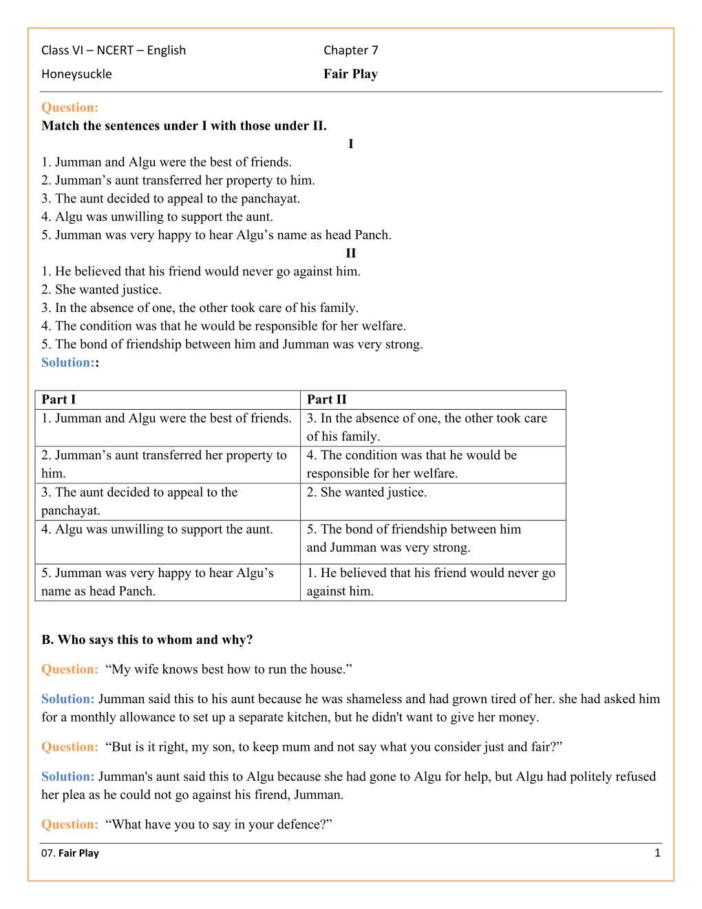 NCERT Solutions For Class 6 English Honeysuckle Chapter 7
