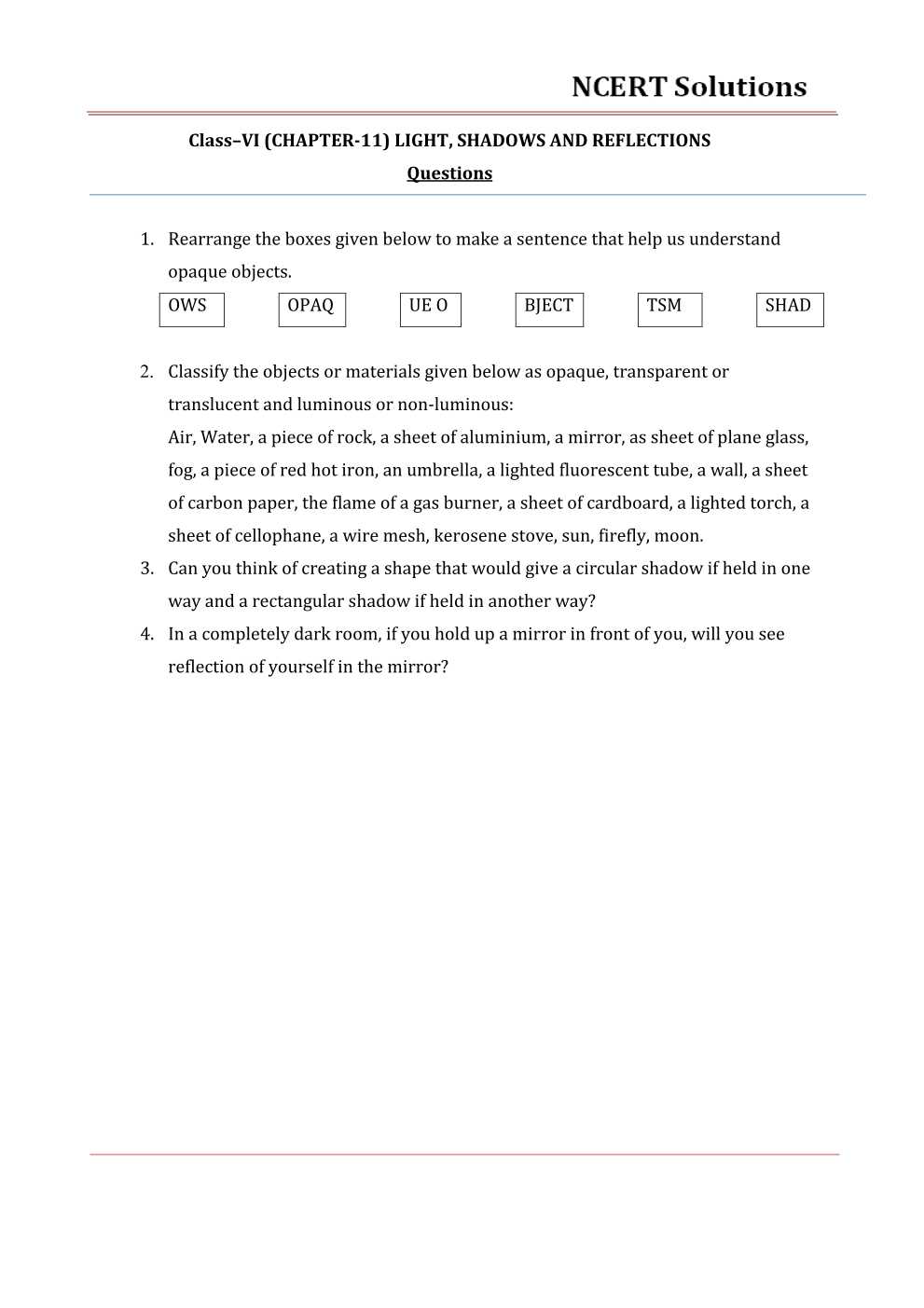 NCERT Solutions For Class 6 Science Chapter 11