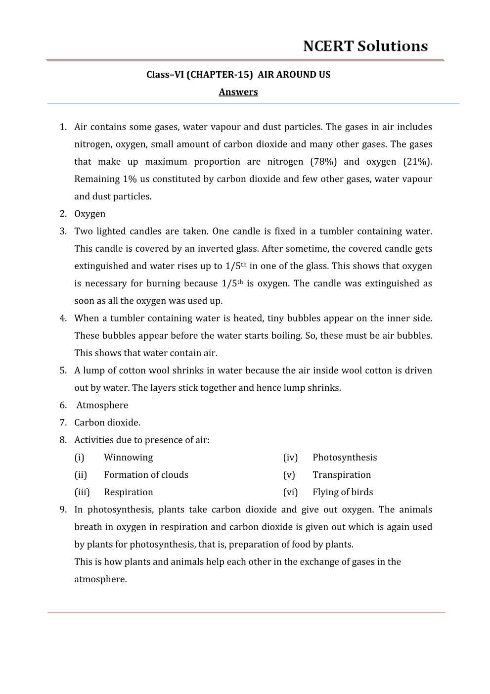 NCERT Solutions For Class 6 Science Chapter 15