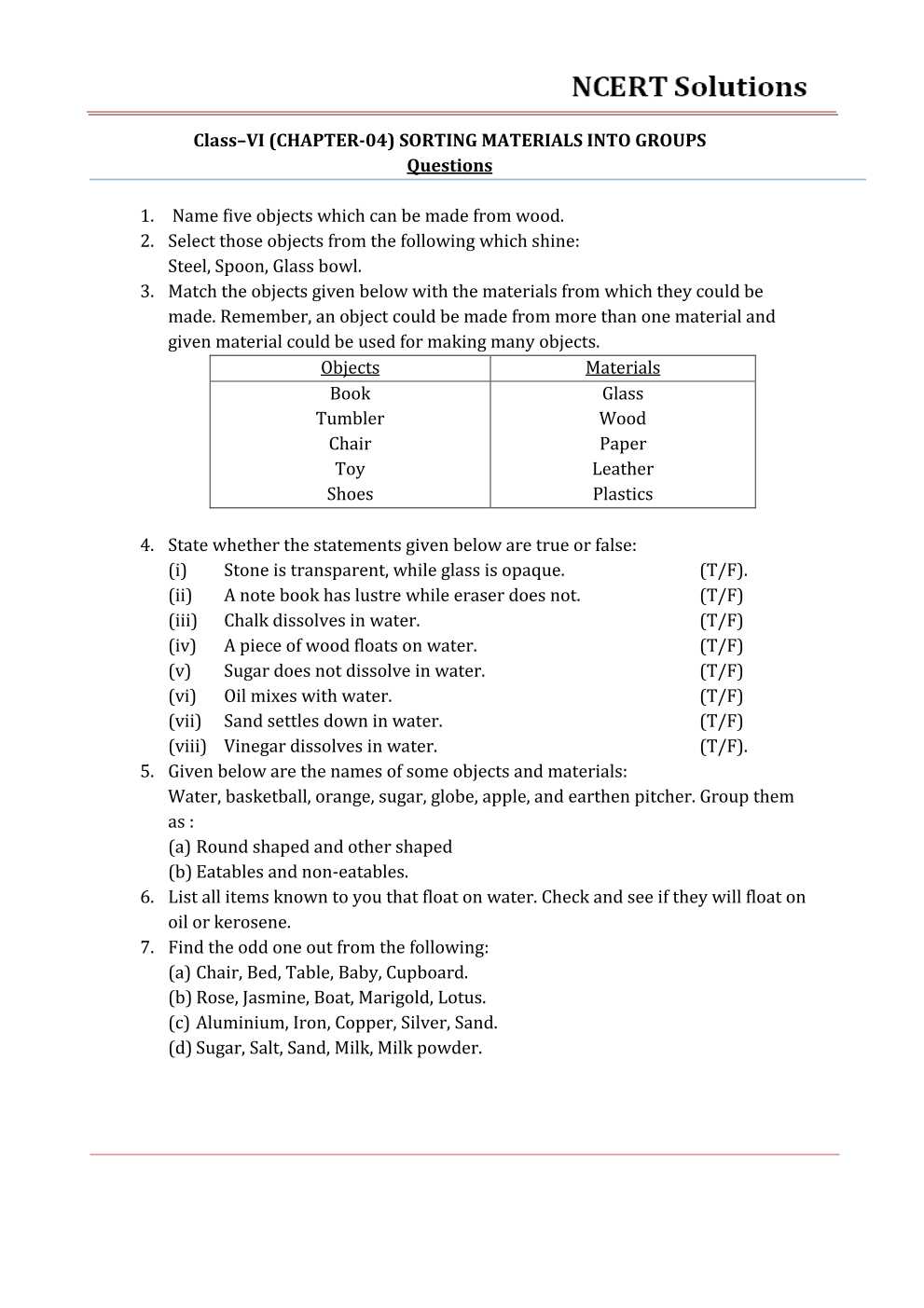 NCERT Solutions For Class 6 Science Chapter 4