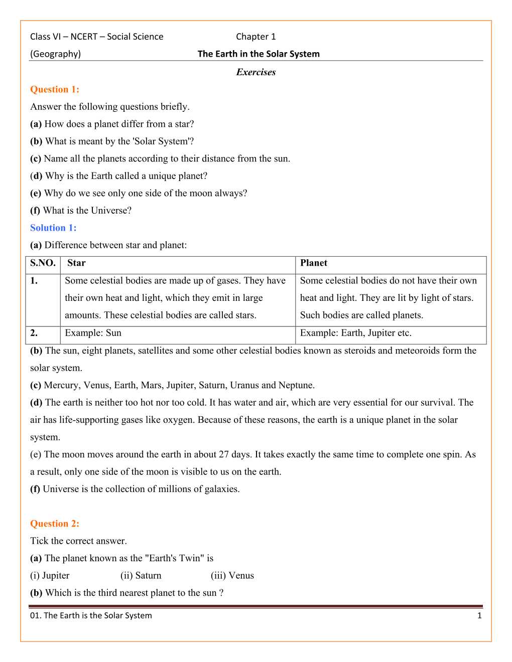 NCERT Solutions For Class 6 Social Science The Earth Our Habitat Chapter 1
