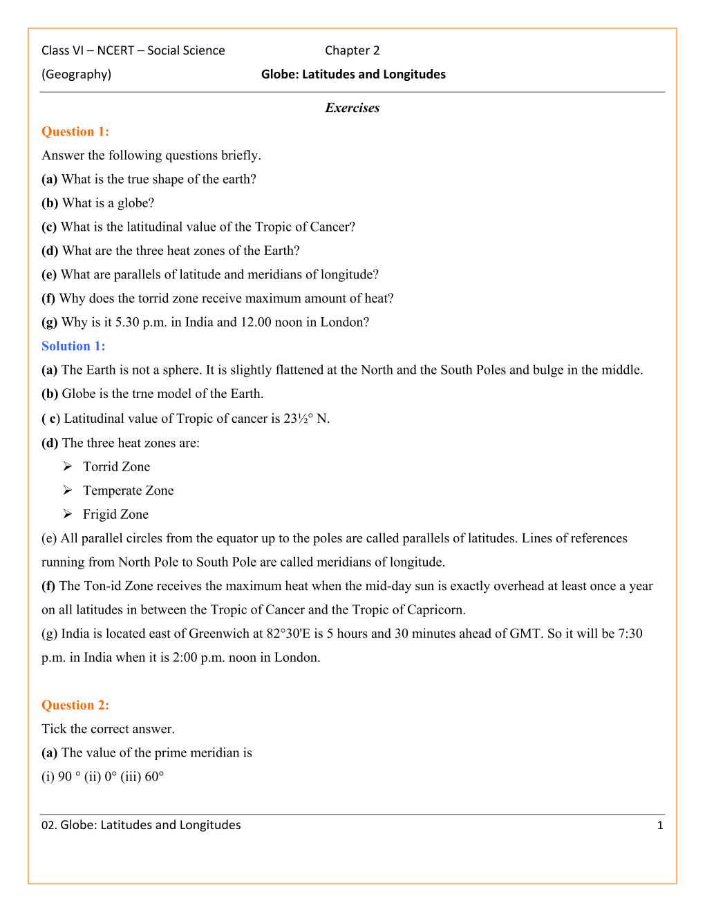 NCERT Solutions For Class 6 Social Science The Earth Our Habitat Chapter 2