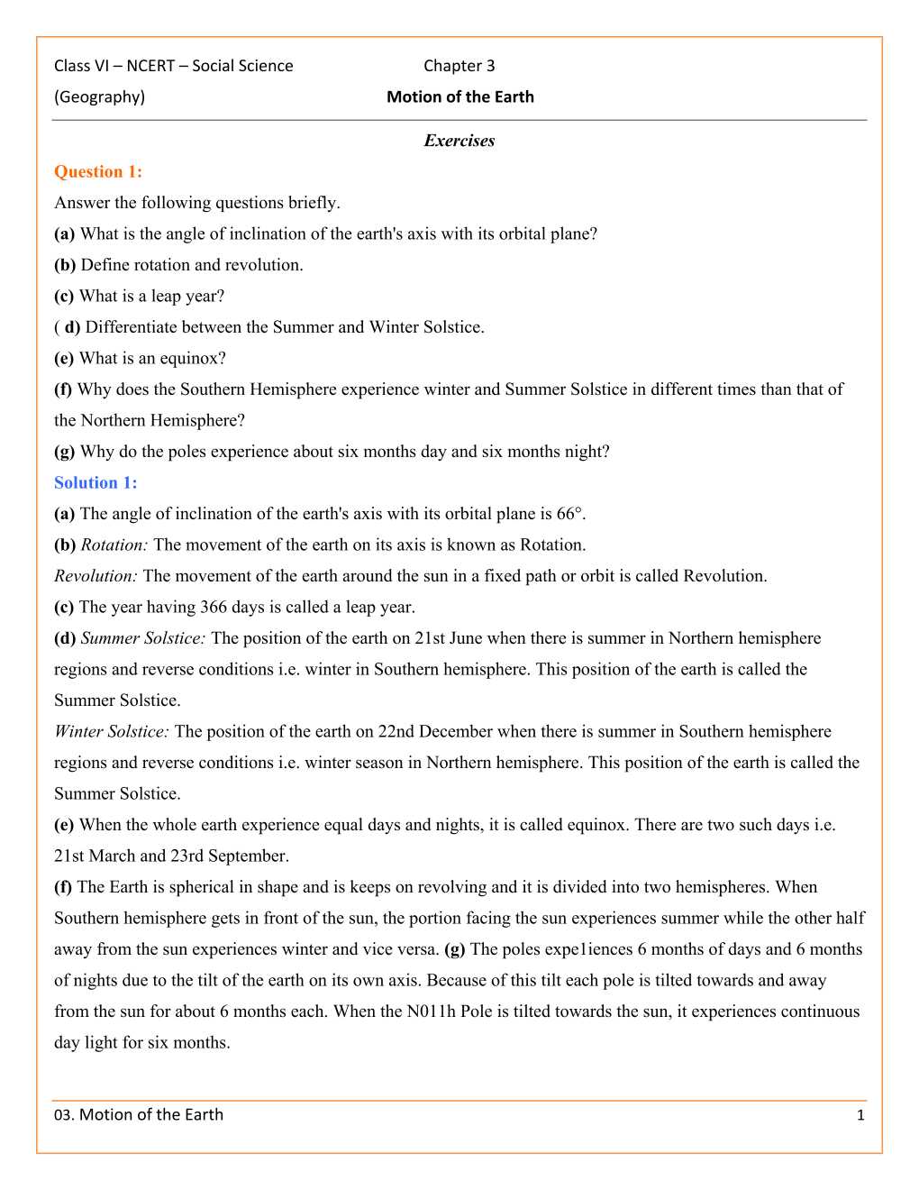 NCERT Solutions For Class 6 Social Science The Earth Our Habitat Chapter 3