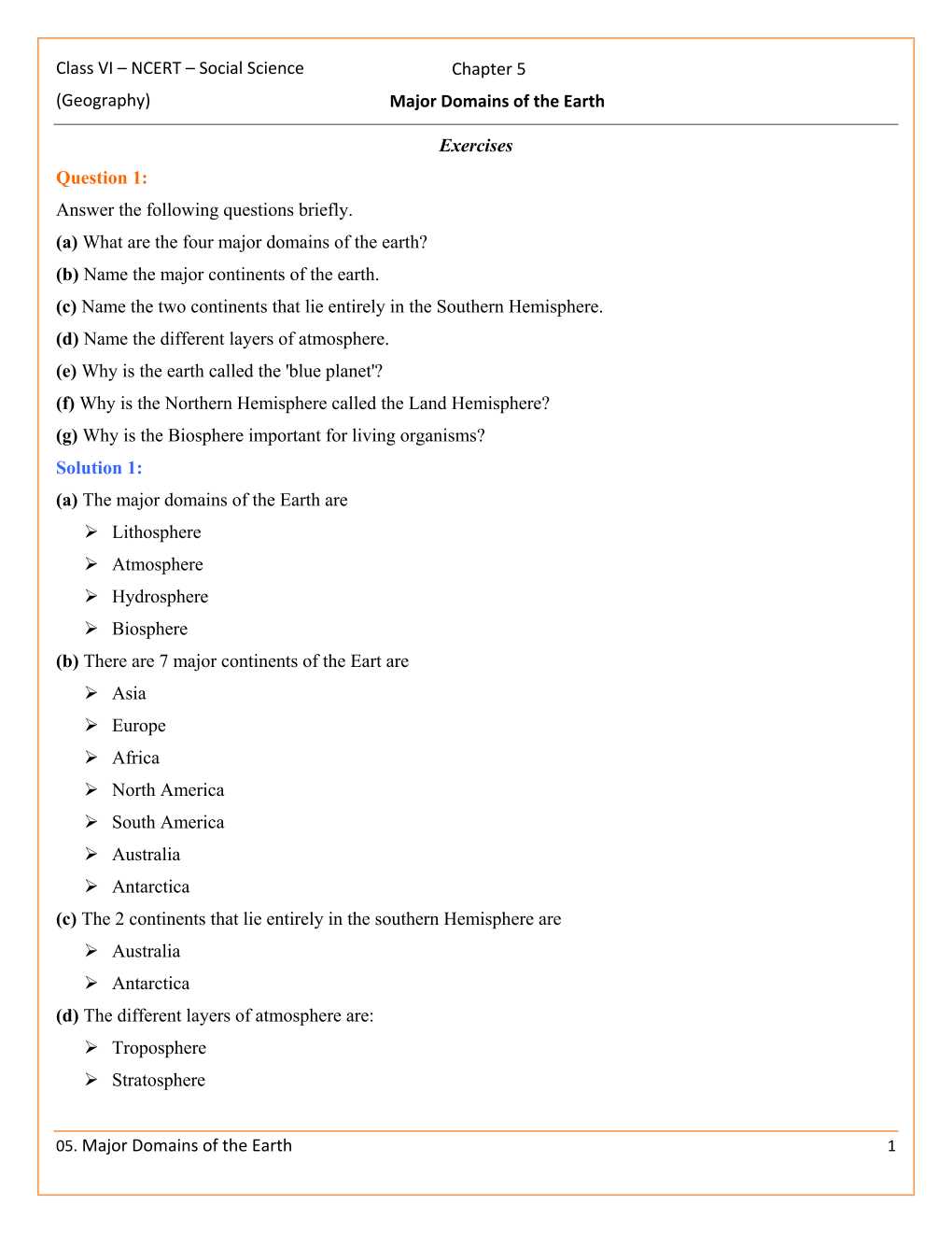 NCERT Solutions For Class 6 Social Science The Earth Our Habitat Chapter 5