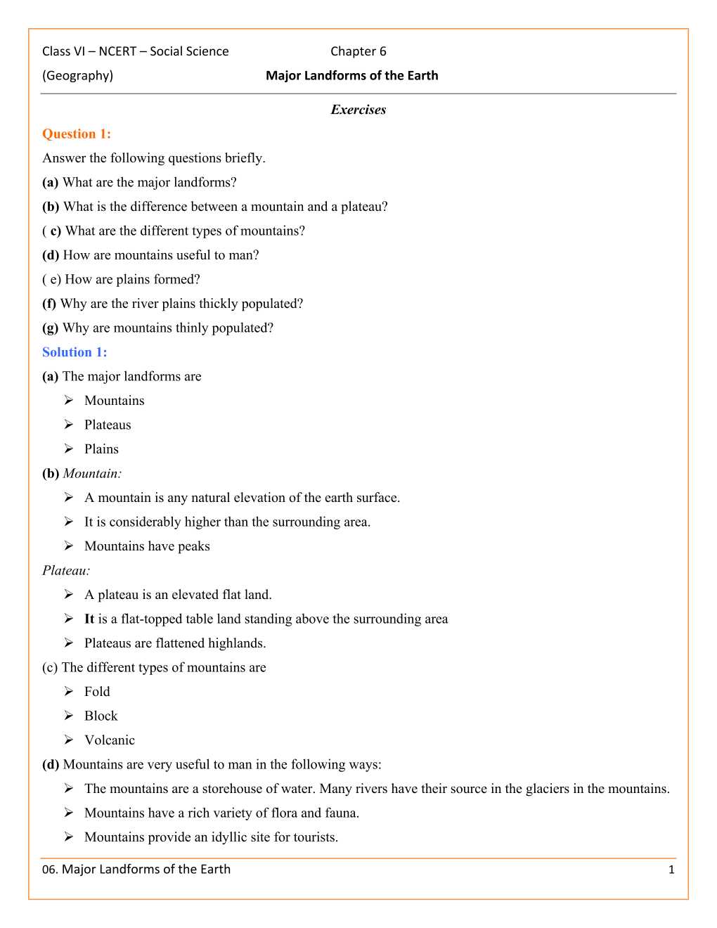 NCERT Solutions For Class 6 Social Science The Earth Our Habitat Chapter 6