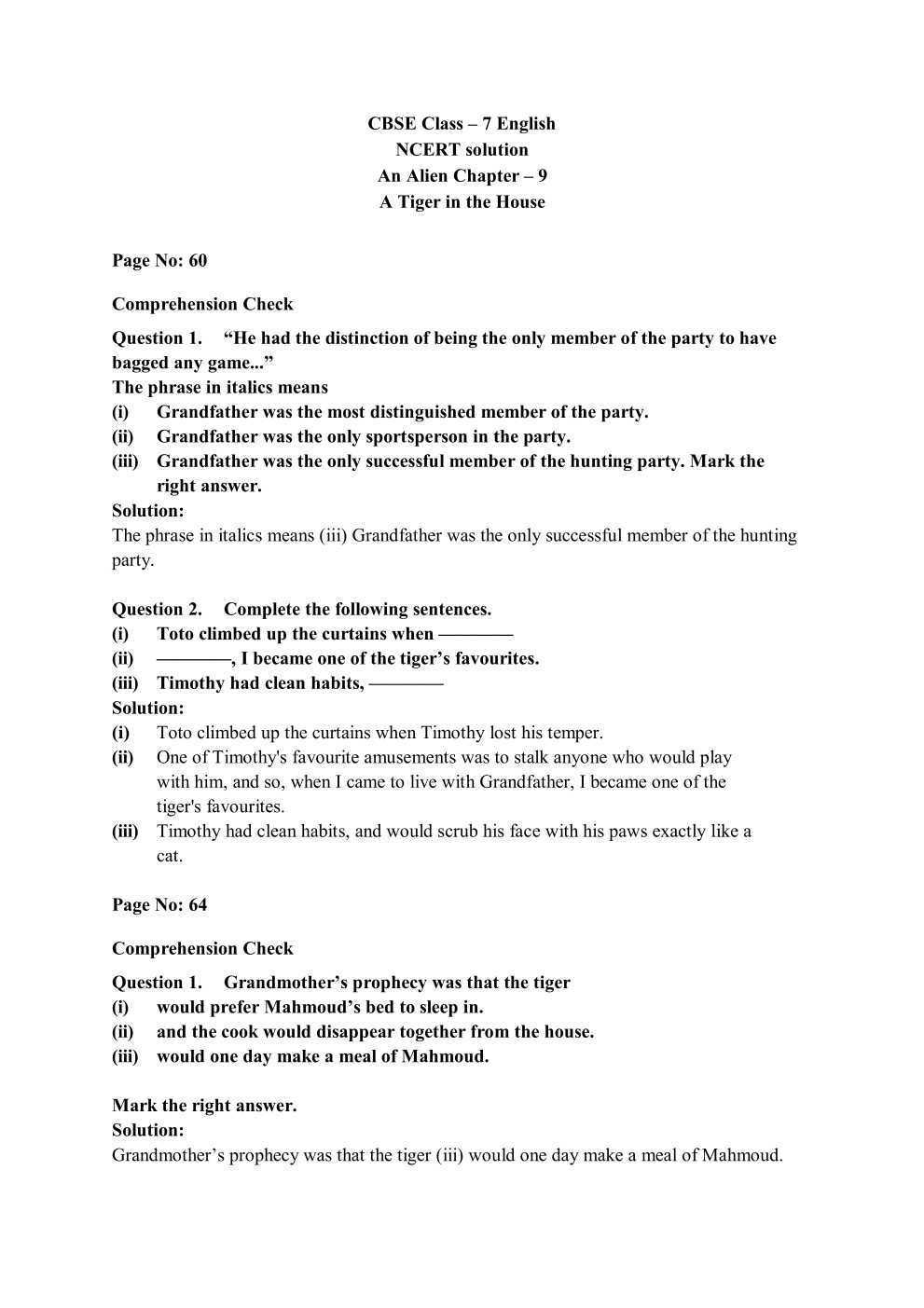 NCERT Solutions For Class 7 English An Alien Hand Chapter 9 A Tiger In The House