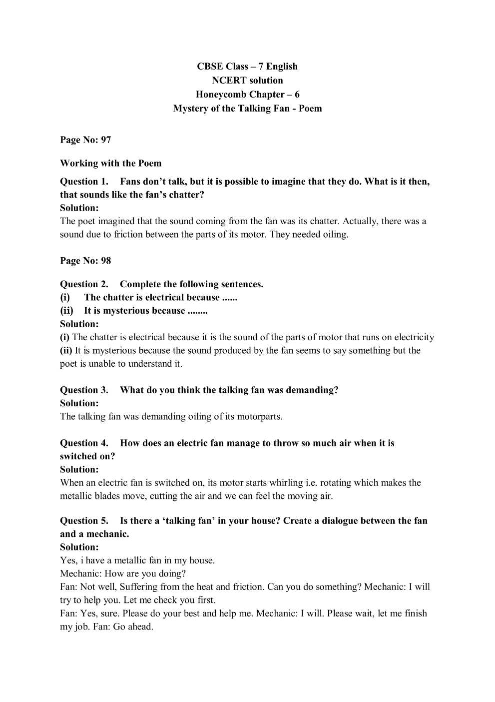 NCERT Solutions For Class 7 English Honeycomb Poem Chapter 6 Mystery of the Talking Fan 
