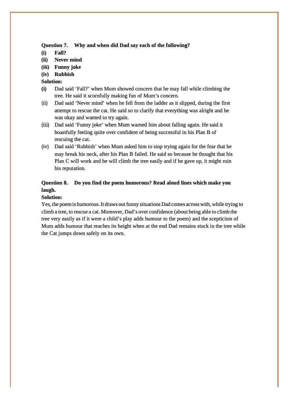 NCERT Solutions For Class 7 English Honeycomb Poem Chapter 7 Dad and the Cat and the Tree 