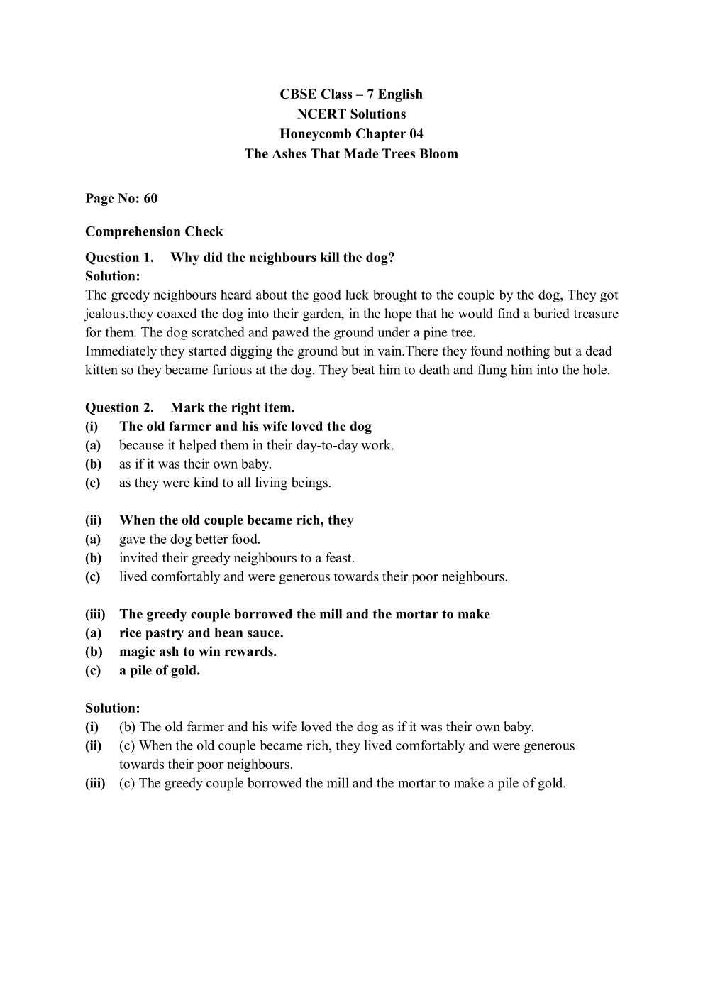 NCERT Solutions For Class 7 English Honeycomb Chapter 4 The Ashes that Made Trees Bloom