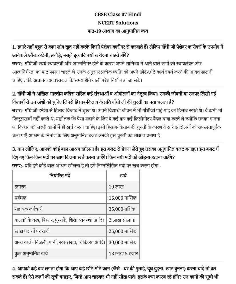 NCERT Solutions For Class 7 Hindi Vasant Chapter 19 AASHRAM KA ANUMAANIT VYAY