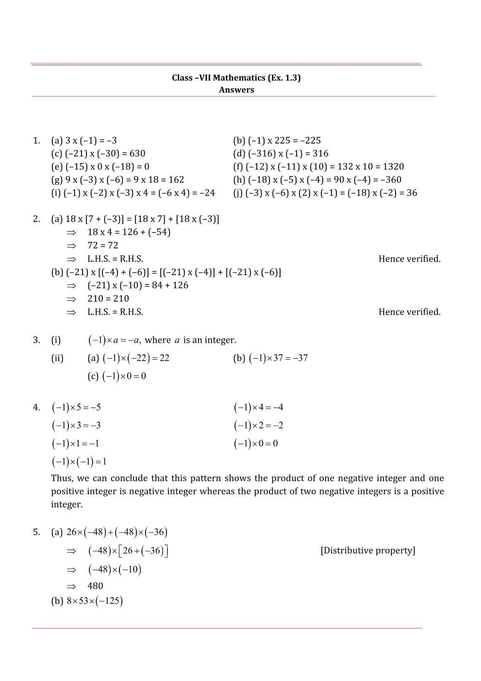 NCERT Solutions For Class 7 Maths Chapter 1 Integers