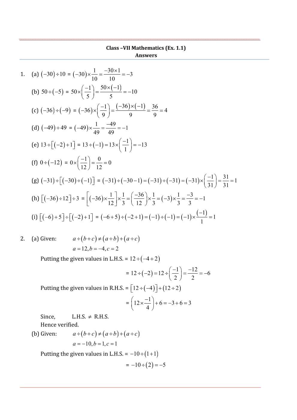 NCERT Solutions For Class 7 Maths Chapter 1 Integers