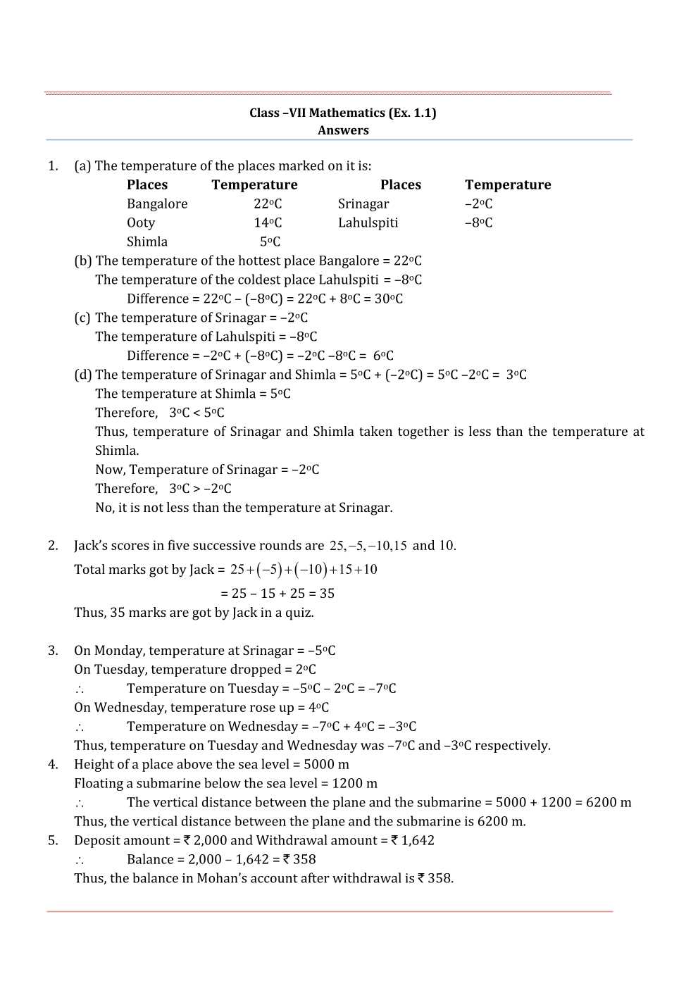 NCERT Solutions For Class 7 Maths Chapter 1 Integers