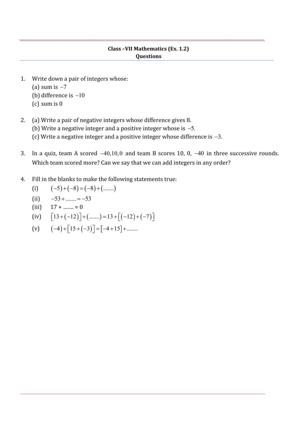 NCERT Solutions For Class 7 Maths Chapter 1 Integers