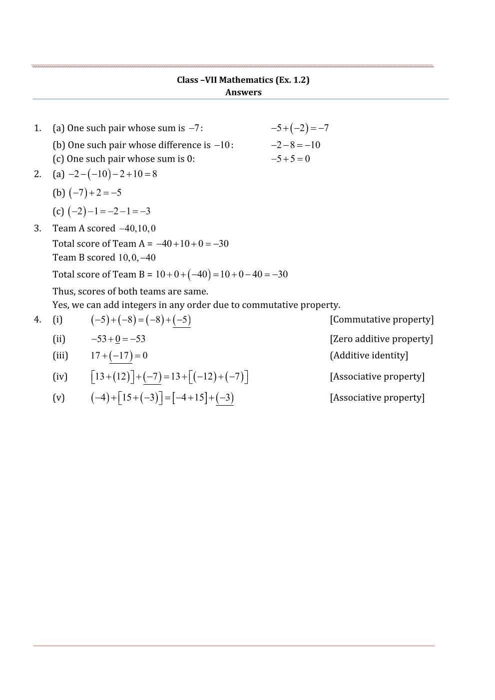 NCERT Solutions For Class 7 Maths Chapter 1 Integers