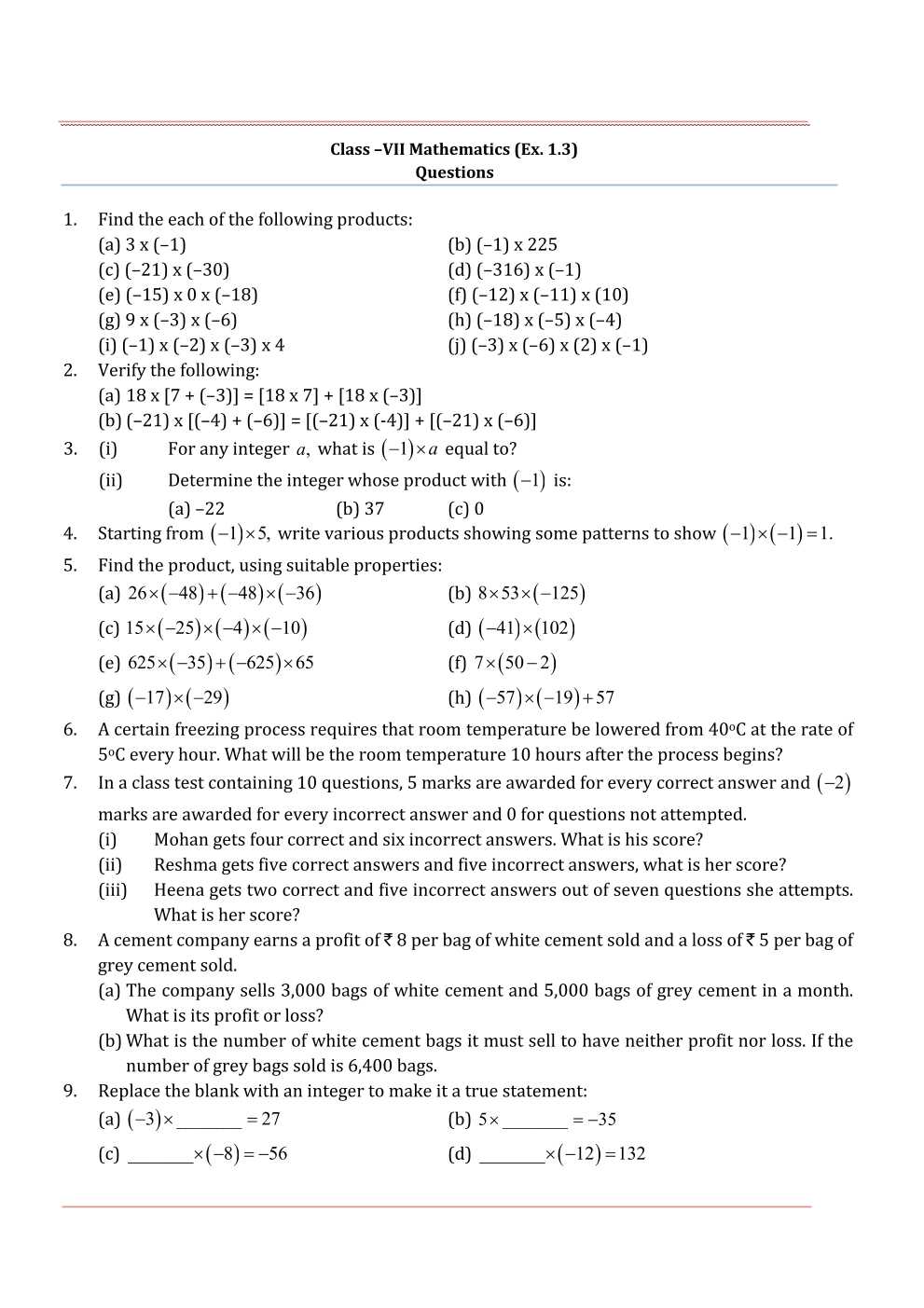 NCERT Solutions For Class 7 Maths Chapter 1 Integers