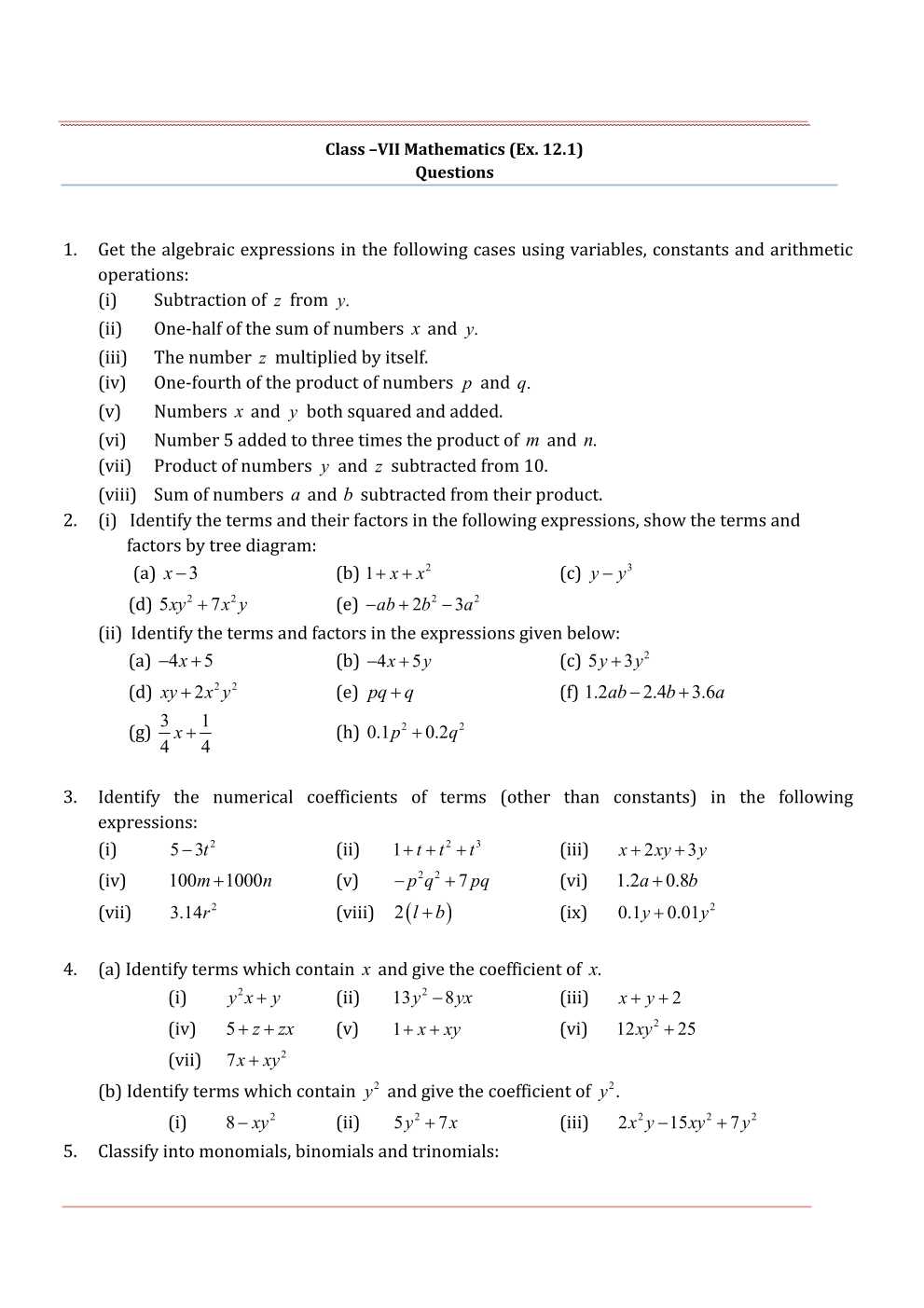 NCERT Solutions For Class 7 Maths Chapter 12 Algebraic Expressions