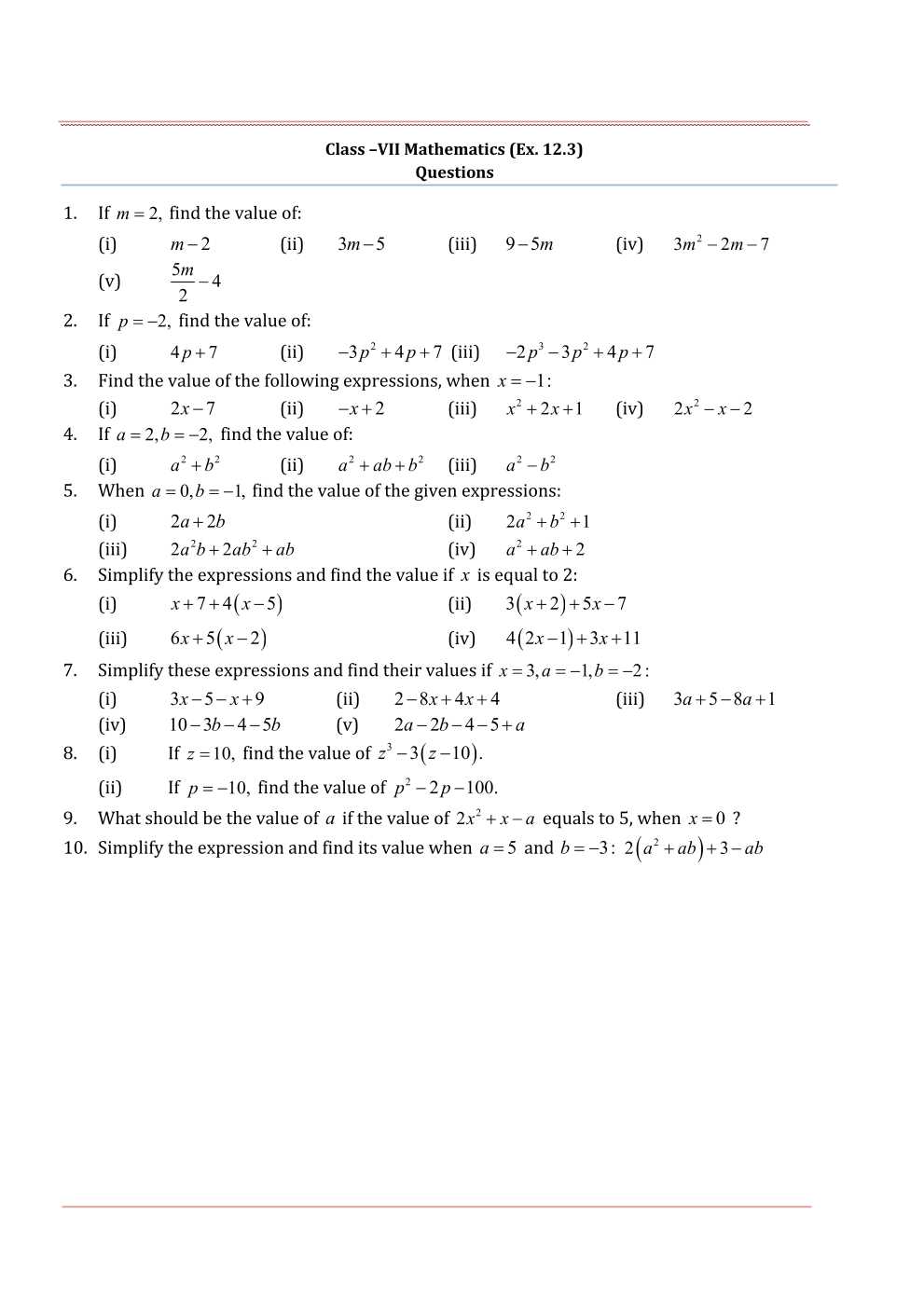 NCERT Solutions For Class 7 Maths Chapter 12 Algebraic Expressions