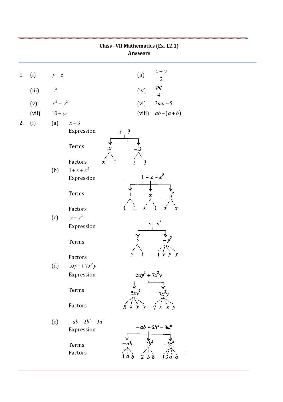 NCERT Solutions For Class 7 Maths Chapter 12 Algebraic Expressions