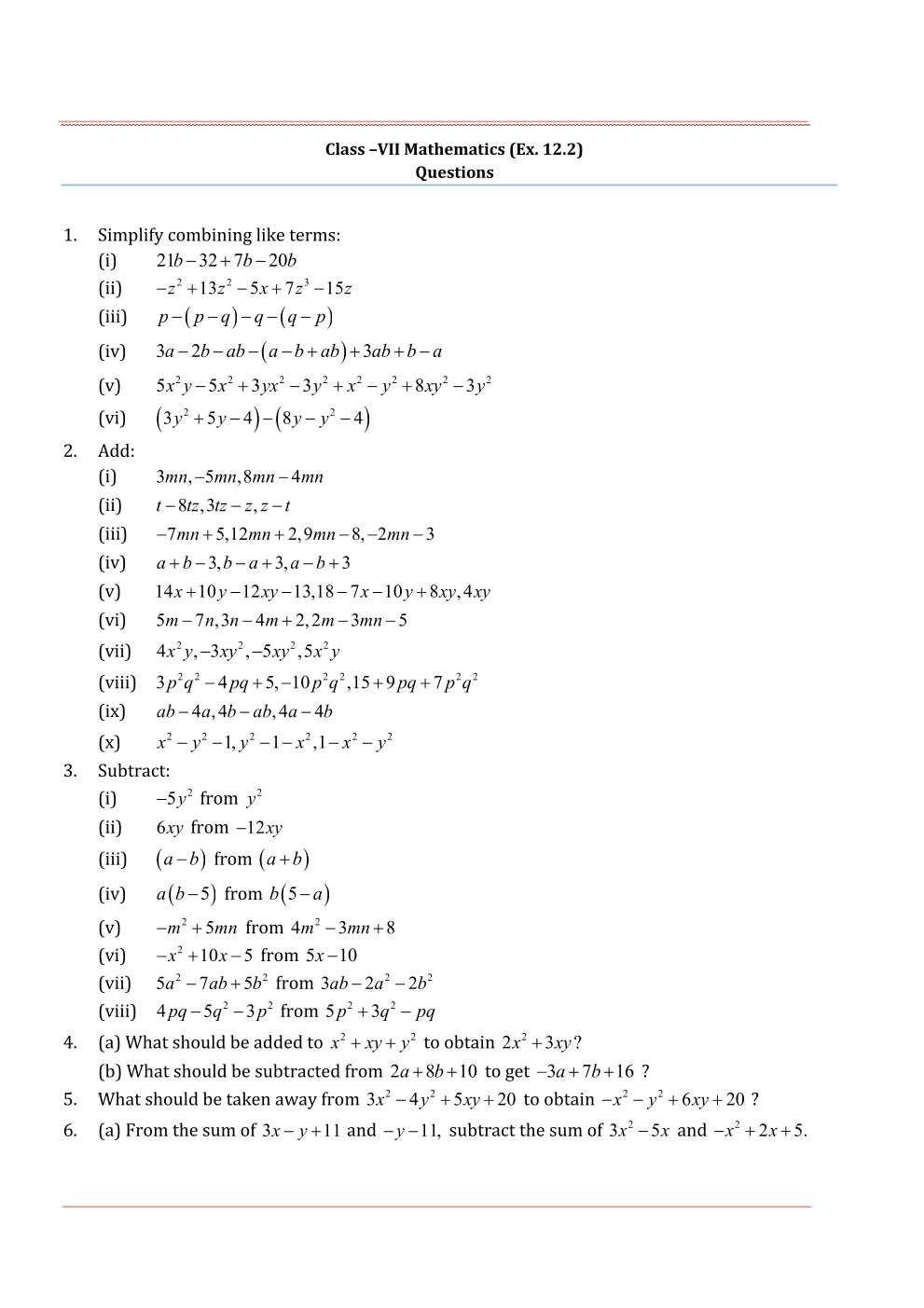 NCERT Solutions For Class 7 Maths Chapter 12 Algebraic Expressions