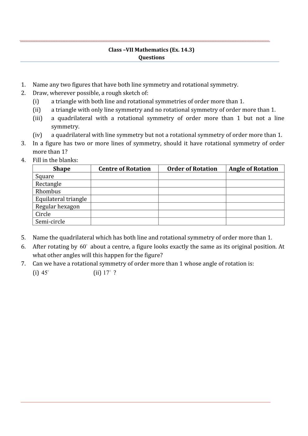 NCERT Solutions For Class 7 Maths Chapter 14 Symmetry