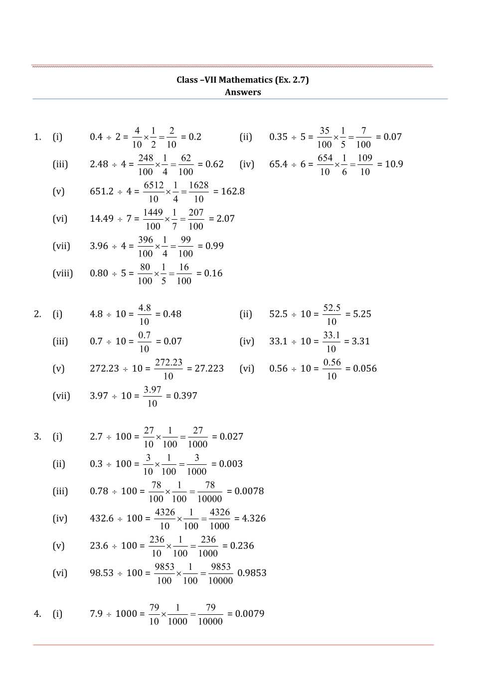 NCERT Solutions For Class 7 Maths Chapter 2 Fractions and Decimals