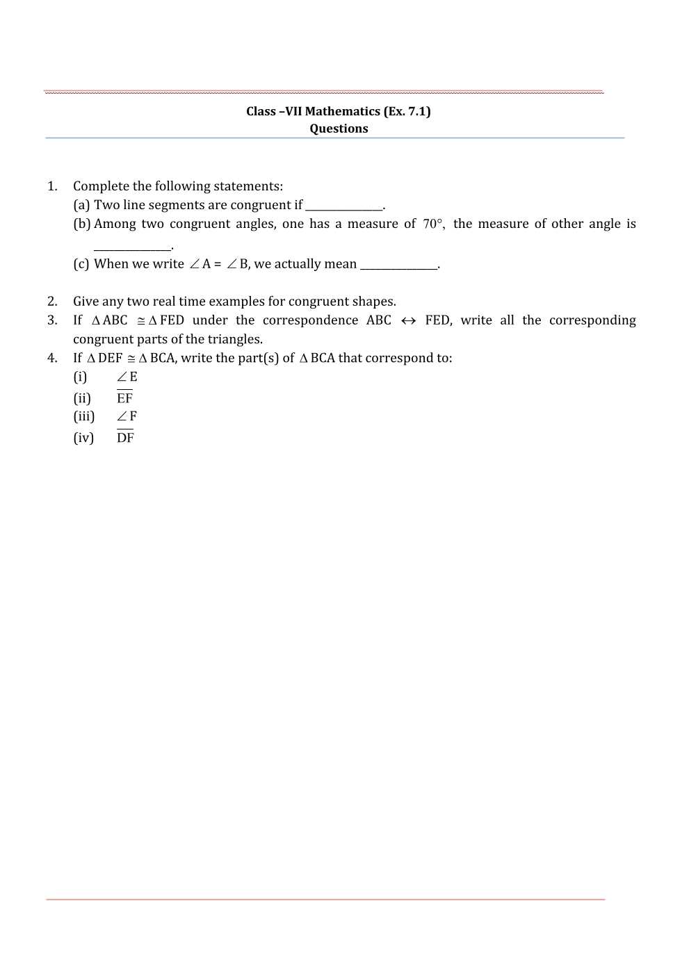 NCERT Solutions For Class 7 Maths Chapter 7 Congruence of Triangles