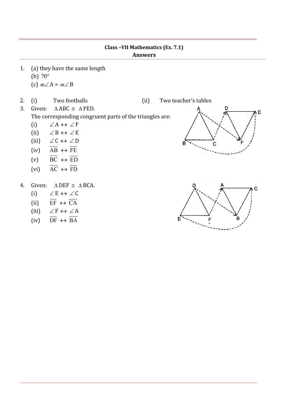 NCERT Solutions For Class 7 Maths Chapter 7 Congruence of Triangles