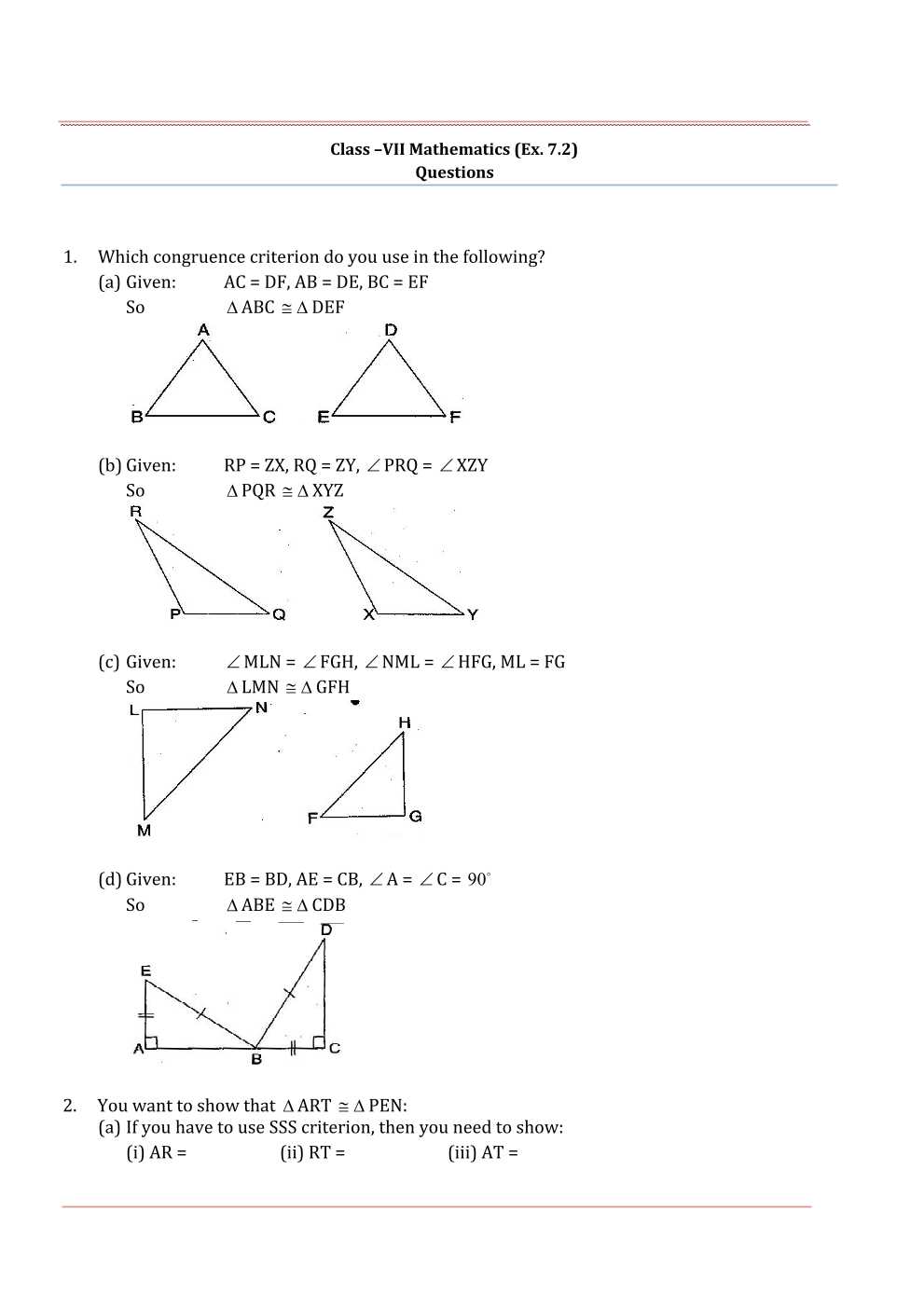 NCERT Solutions For Class 7 Maths Chapter 7 Congruence of Triangles