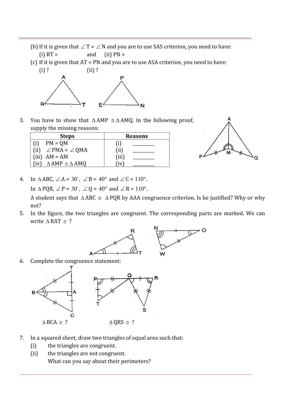 NCERT Solutions For Class 7 Maths Chapter 7 Congruence of Triangles