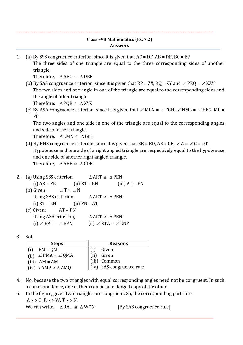 NCERT Solutions For Class 7 Maths Chapter 7 Congruence of Triangles