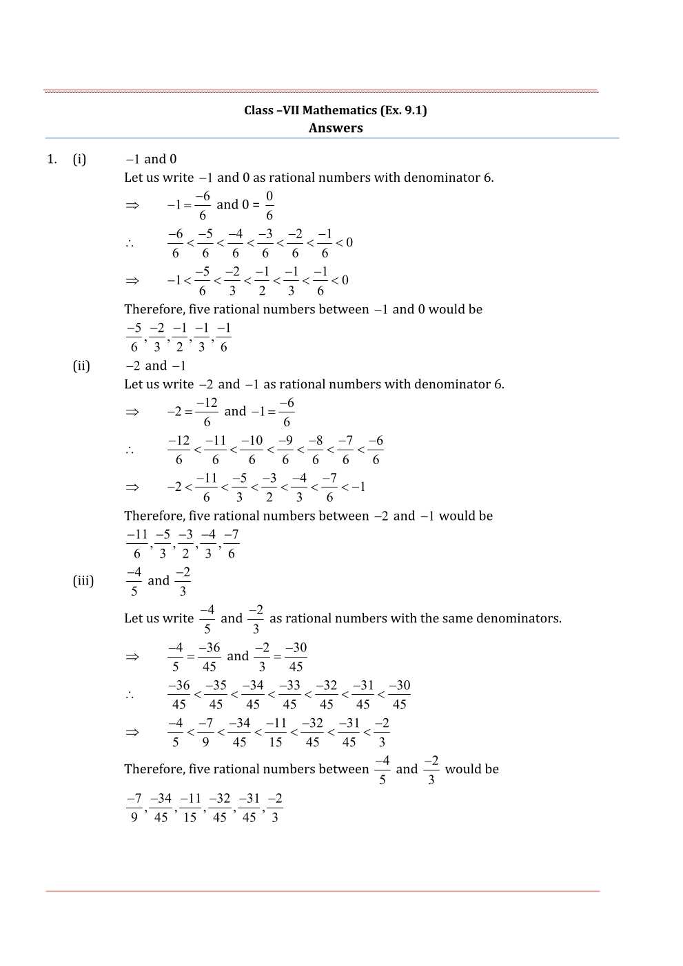 NCERT Solutions For Class 7 Maths Chapter 9 Rational Numbers