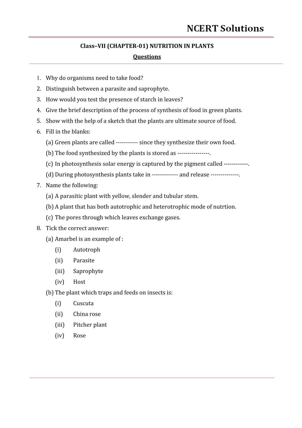 NCERT Solutions For Class 7 science Chapter 1 Nutrition in Plants