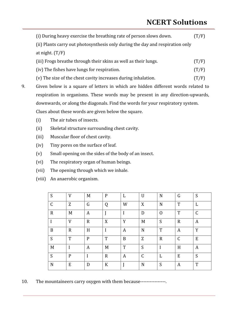 NCERT Solutions For Class 7 science Chapter 10 Respiration in Organisms
