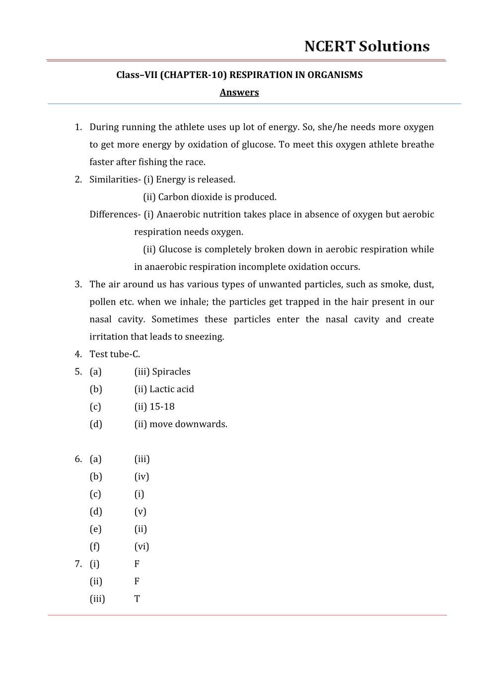 NCERT Solutions For Class 7 science Chapter 10 Respiration in Organisms