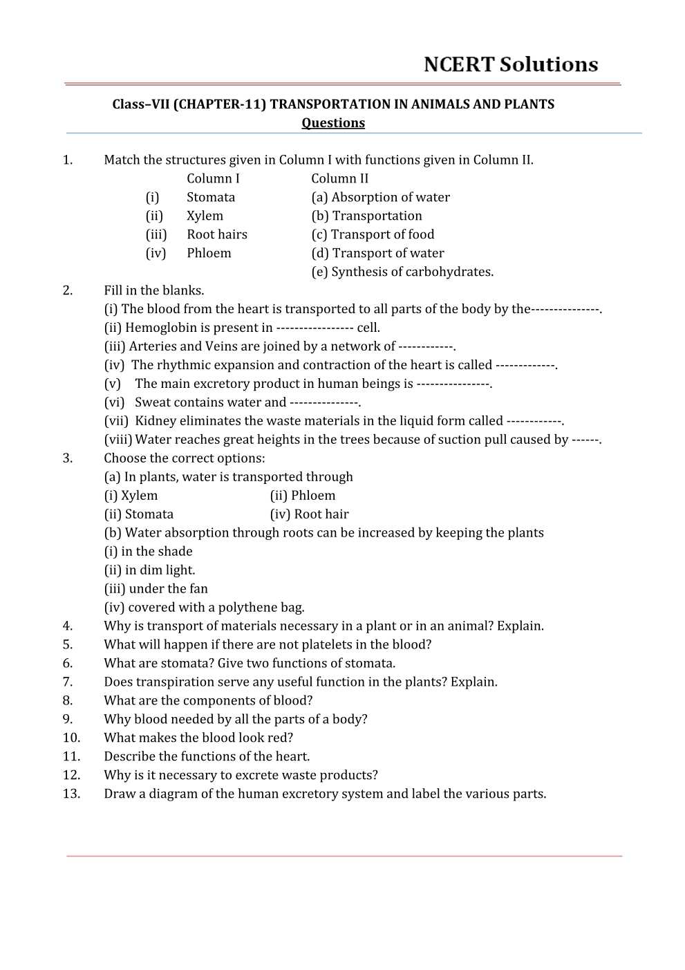 NCERT Solutions for Class 7 Science Chapter 11 Transportation in Animals  and Plants - Free PDF