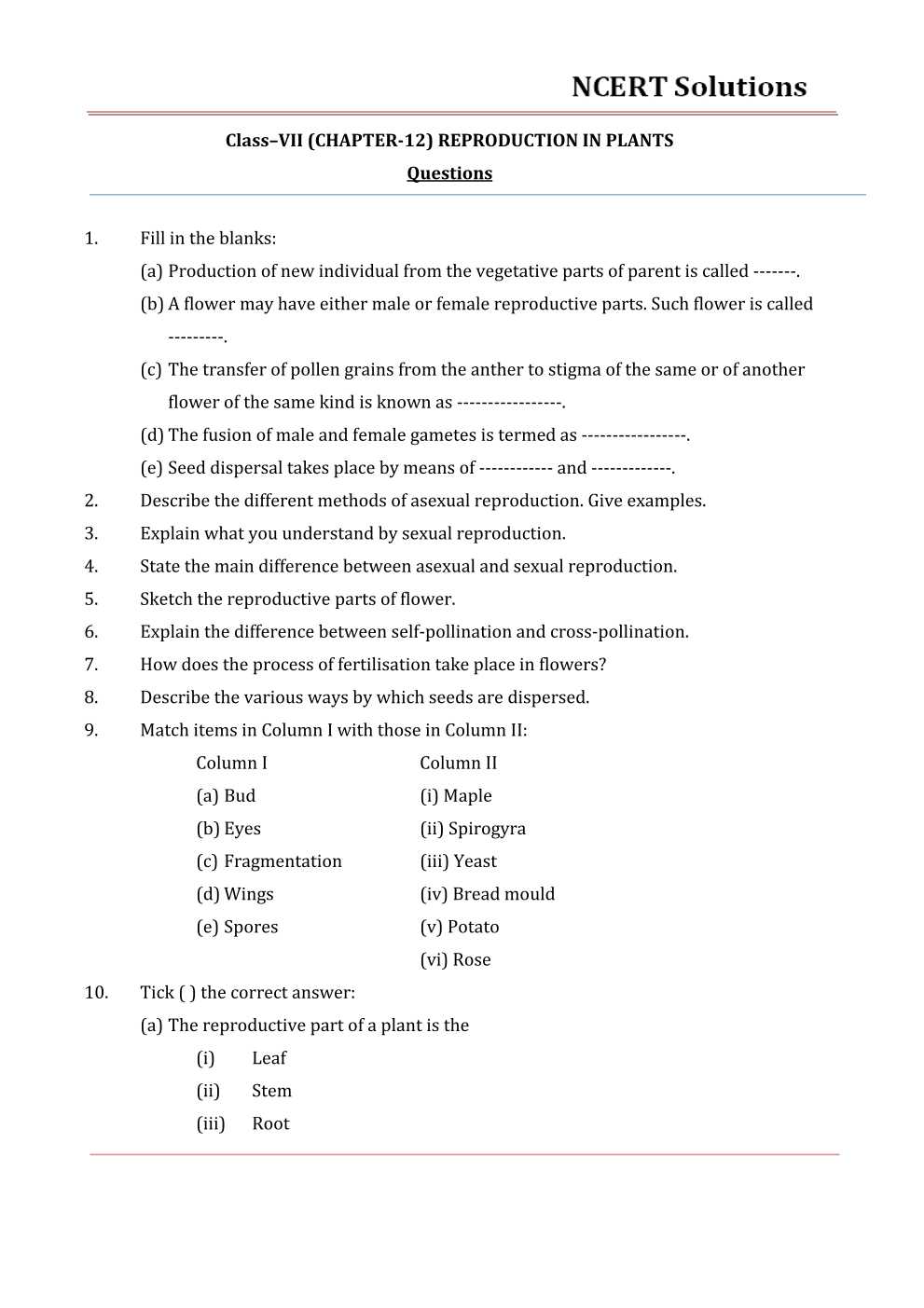 NCERT Solutions For Class 7 science Chapter 12 Reproduction in Plants
