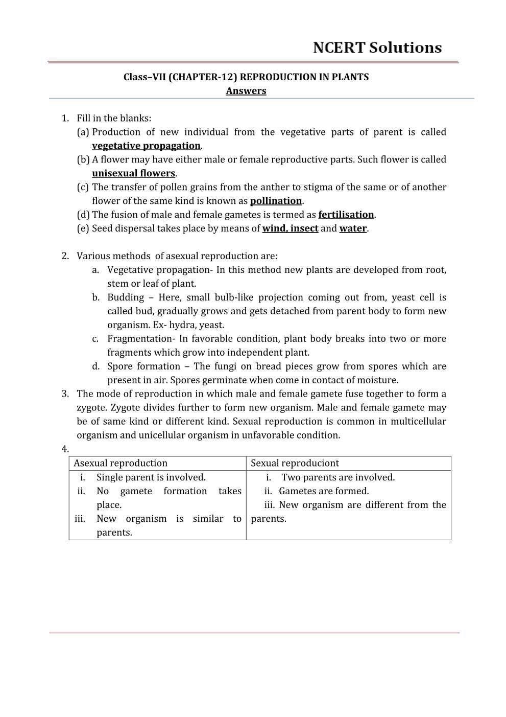 NCERT Solutions For Class 7 science Chapter 12 Reproduction in Plants