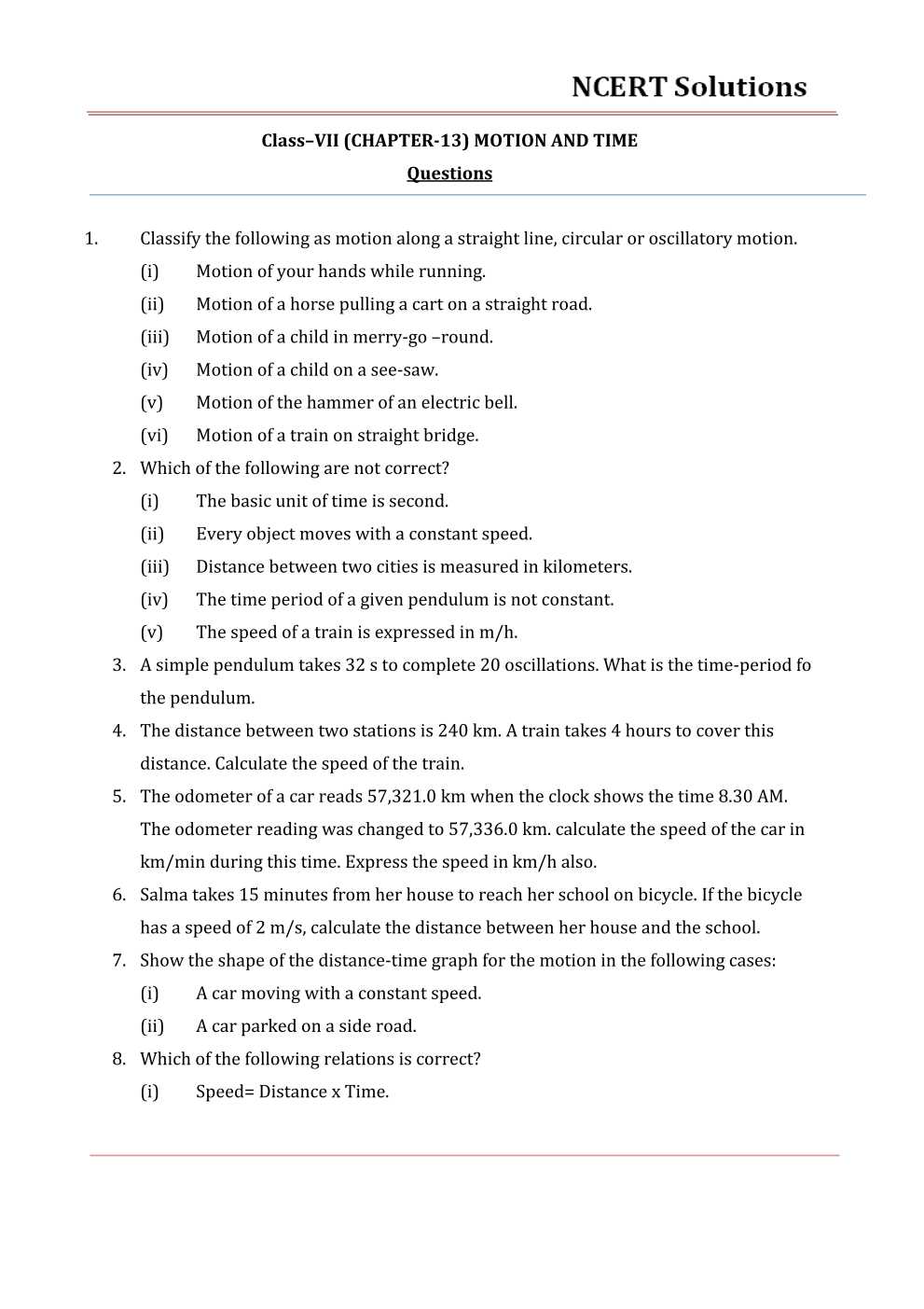 NCERT Solutions For Class 7 science Chapter 13 Motion and Time