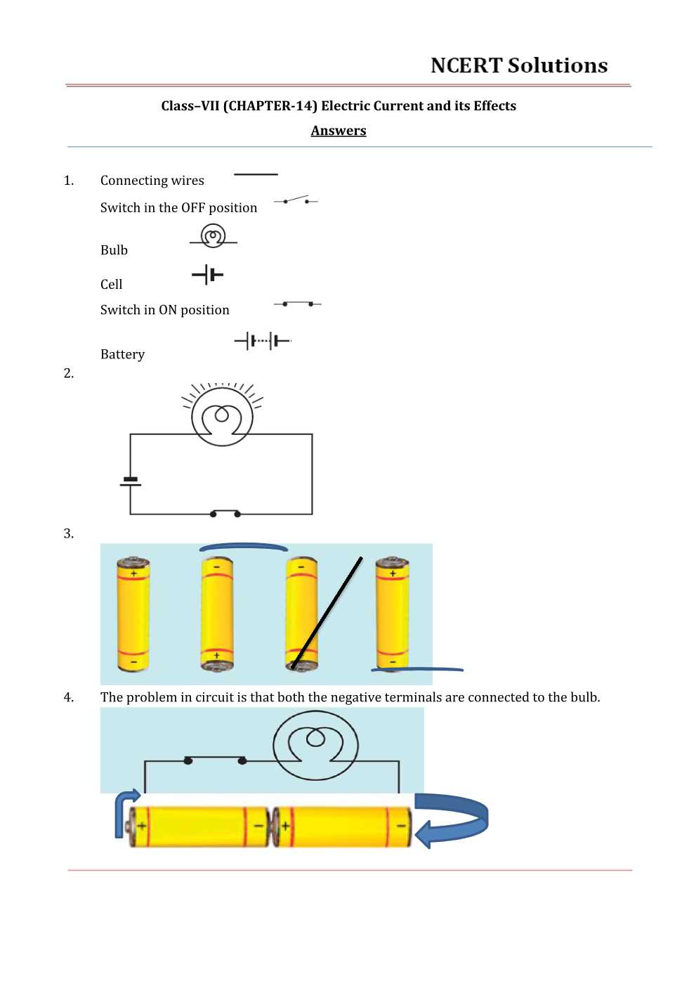 NCERT Solutions For Class 7 science Chapter 14 Electric Current and its Effects