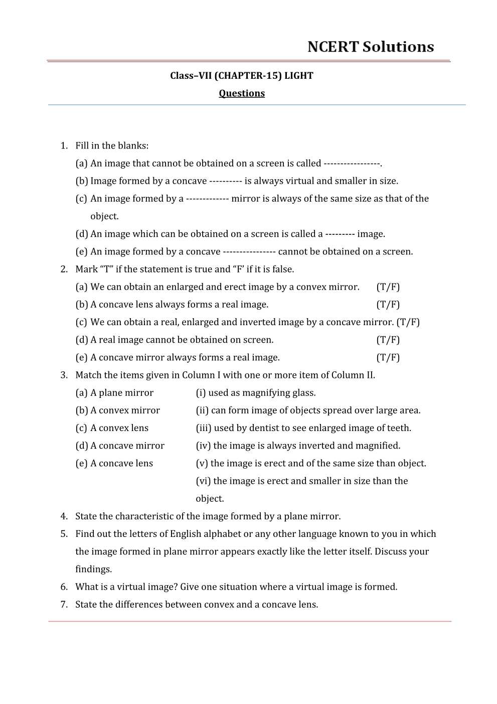 NCERT Solutions For Class 7 science Chapter 15 Light