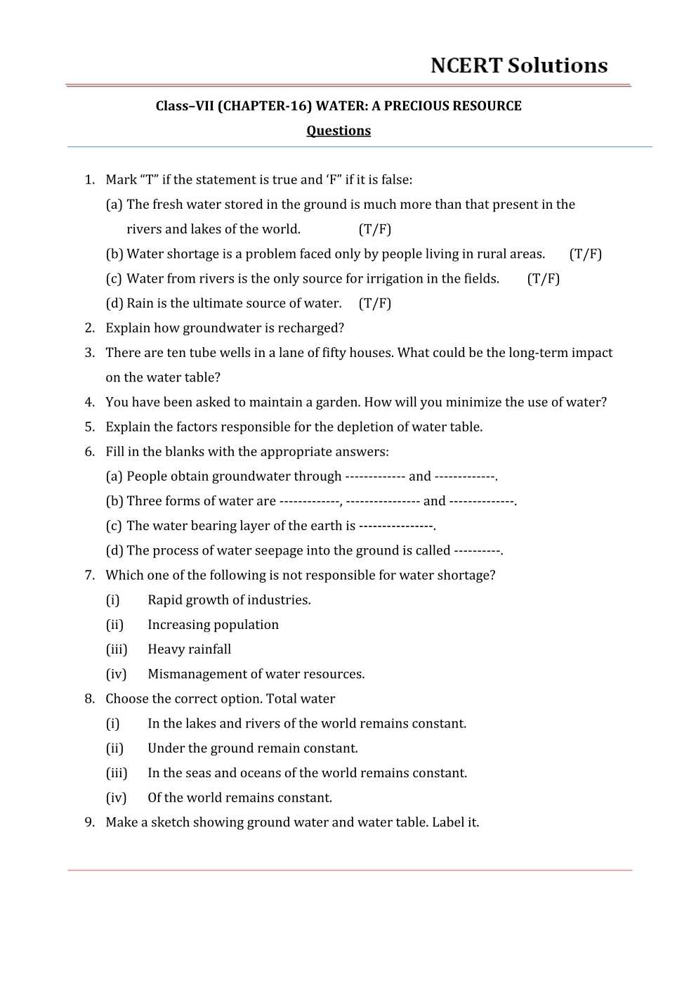 NCERT Solutions For Class 7 science Chapter 16 Water – A Precious Resource