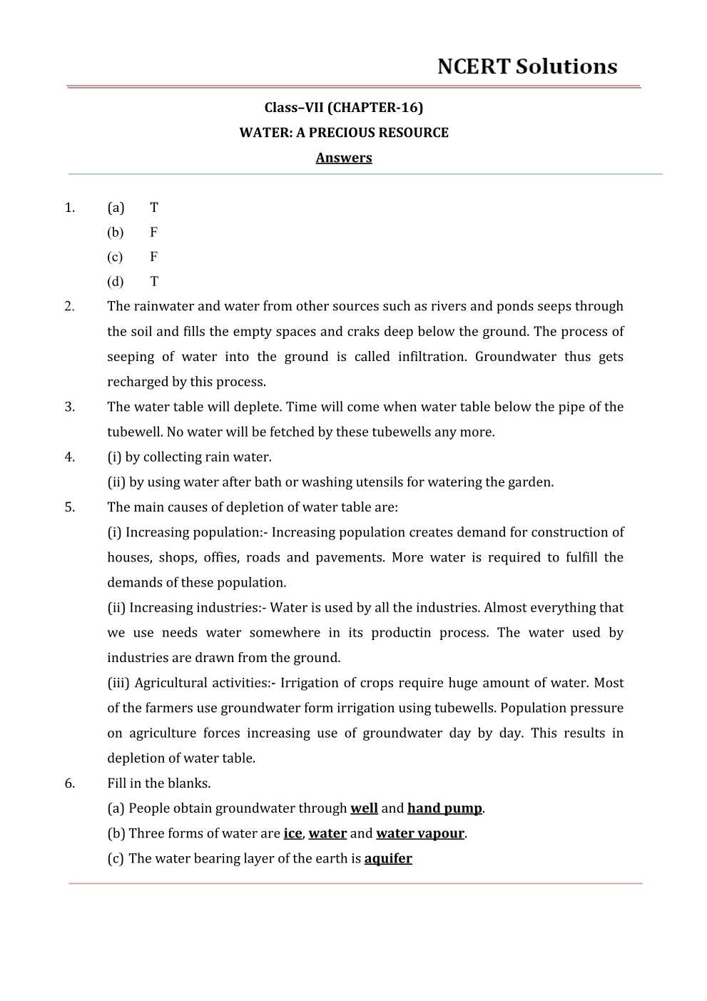 NCERT Solutions For Class 7 science Chapter 16 Water – A Precious Resource