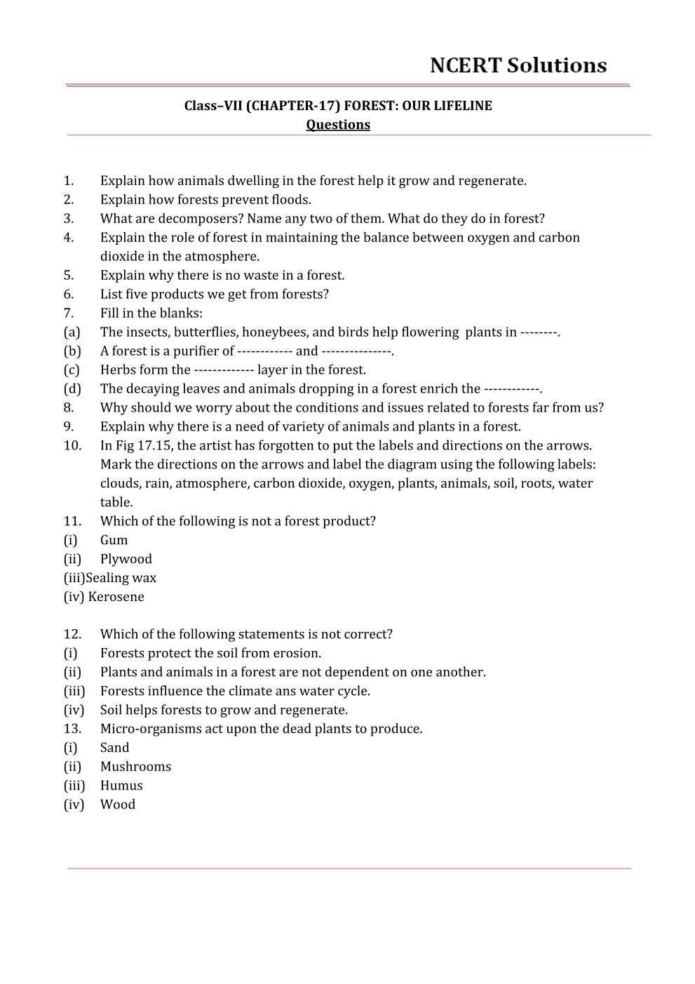 NCERT Solutions For Class 7 science Chapter 17 Forests – Our Lifeline