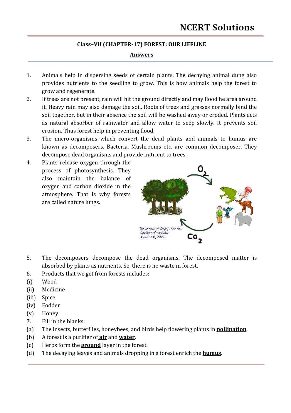 NCERT Solutions For Class 7 science Chapter 17 Forests – Our Lifeline